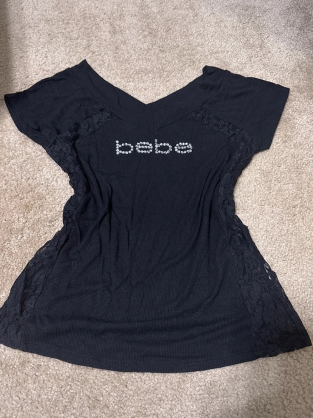 bebe Black V-Neck Lace-Inset Crystal Logo Tee